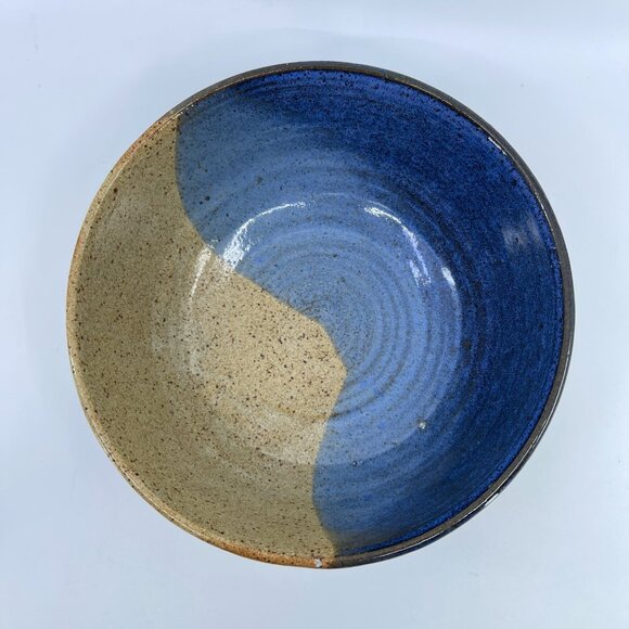studio art pottery 2 toned blue and tan stoneware bowl signed by artist 7 5/8" x - Picture 3 of 4